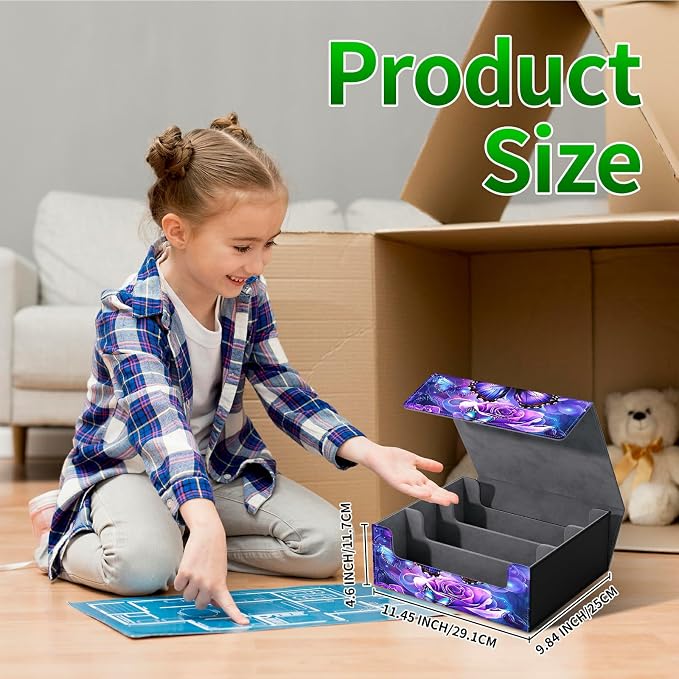 Card Deck Box for MTG, Cards Storage Box Fits 120+ Sleeved, Leather Big Size Strong Magnetic Closing Case for Board Games Magic TCG CCG Baseball Collection Women, Purple Butterfly Flower