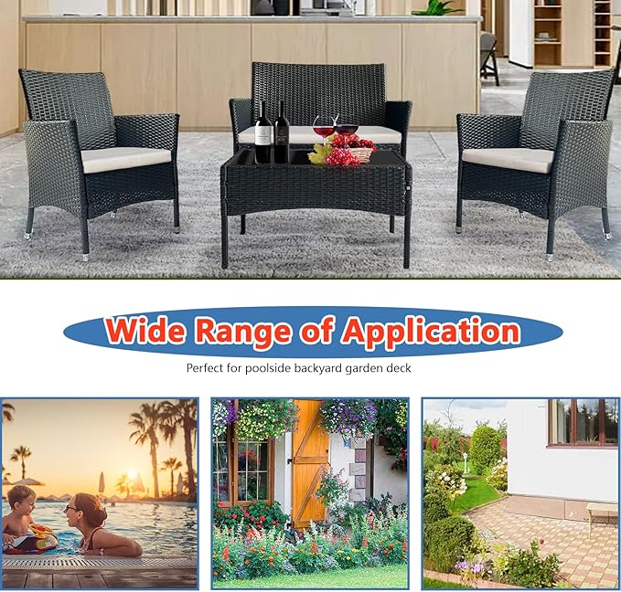 PatLoom 4-Piece Outdoor Furniture Set,Dark Brown Rattan Wicker Patio Sofa,Elegant Patio Conversation Set with Glass Top Coffee Table for Garden, Backyard, Poolside, Balcony (Beige Cushions)