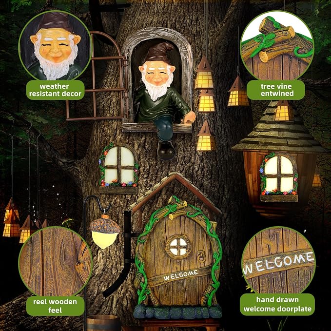 7 Pcs Fairy Garden Accessories Tree Hugger Gnome Statue Tree Faces | Fairy Door Window Set Dwarf Elf Landscape Figurine Out The Door Resin Sculpture Hanging Decor for Trees Outdoor Decor