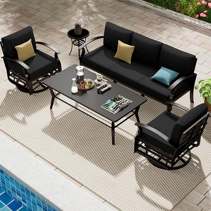 Aluminum Patio Furniture Set with Coffee Table,5 Seats Metal Modern Outdoor Furniture Set w/5.1" Thick Cushions,Patio Sectional w/Swivel Chairs for Backyard,Patio,Black