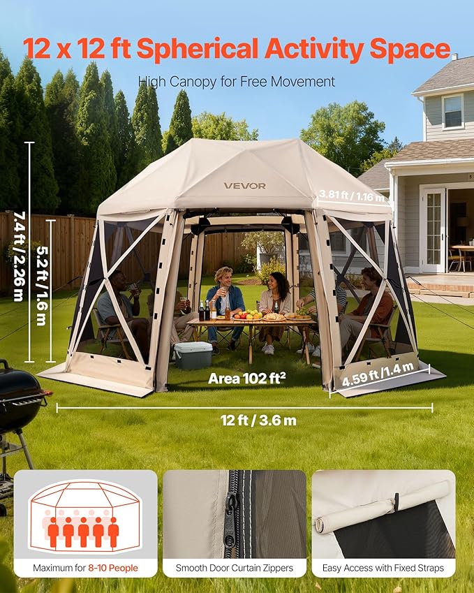 VEVOR Pop Up Gazebo Screen Tent, 12 x 12 ft Large High 13-Sided Camping Canopy Tent with Removable Top & Carry Bag, Quick Set & Bite-Proof Mesh Screen Sun Shelter for 8-10 Persons Backyard Patio