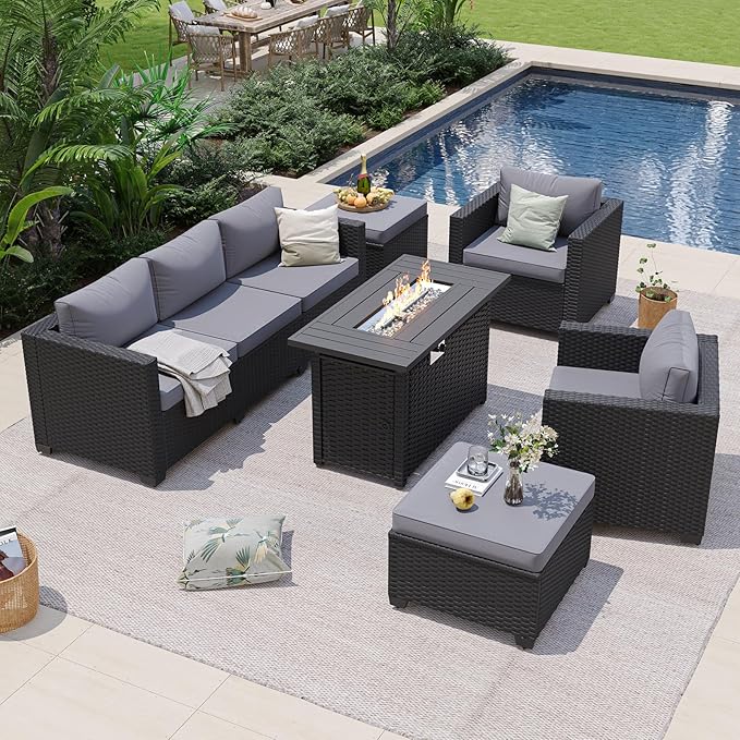 Aoxun Patio Furniture Set with Fire Pit Table, 6 Piece Outdoor Furniture Set with Wicker Ottomans, Rattan Outdoor Sectional Sofa with Thickened Cushion & Waterproof Cover Grey