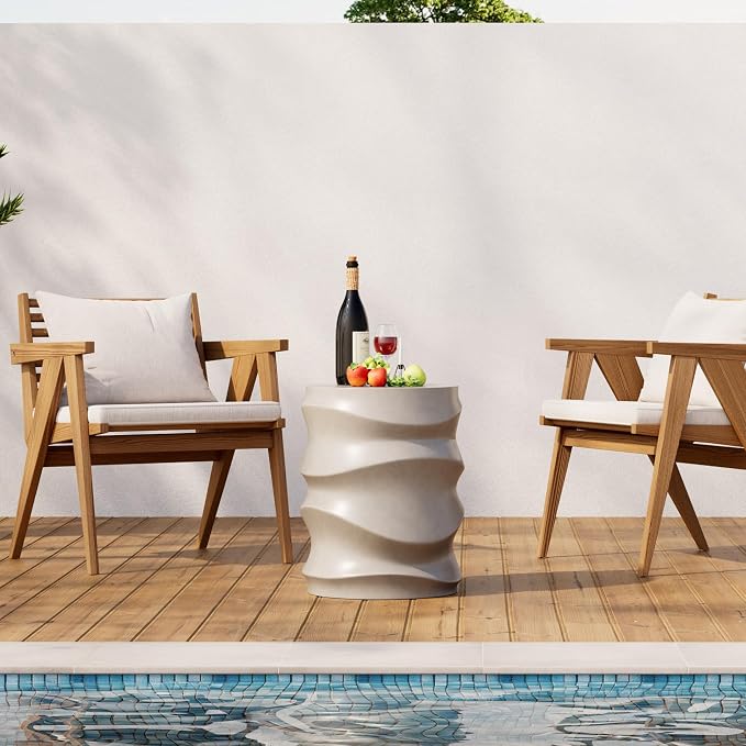HOMPUS Outdoor Side Table w Water Wave, Unique End Table Patio, Small MgO Round Coffee Table, Lightweight Modern Vintage Garden Plant Stand for Indoor Outdoor Use, Grey