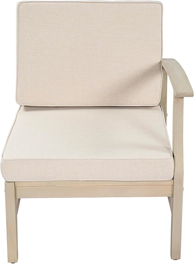 Christopher Knight Home Hugo Acacia Wood Outdoor Patio Furniture Set for 5, V-Shape Patio Sectional Sofa Set with Cushions and Slat Coffee Table, Modern Patio Conversation Set, Light White+Sand