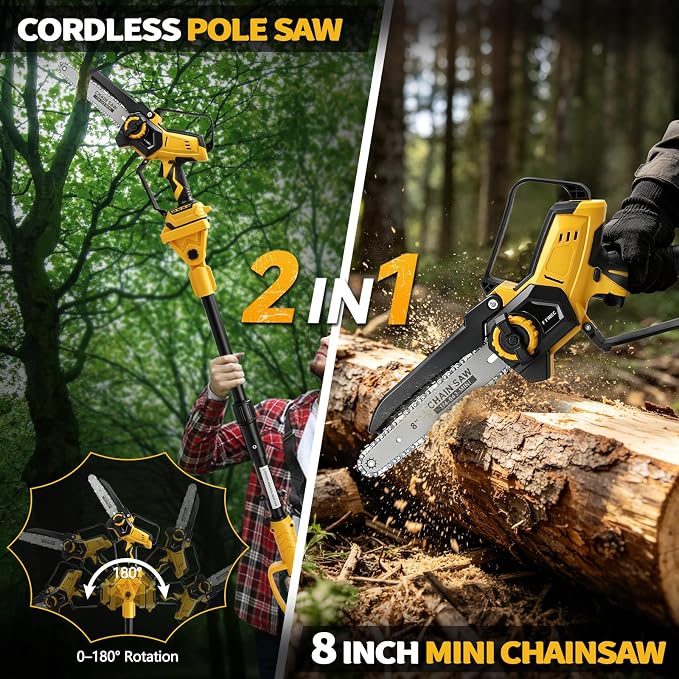 2-in-1 8 Inch Electric Pole Saw for Dewalt 20V MAX Battery, Brushless Cordless Mini Chainsaw with Extension Pole & 3 Chains, Auto Oiler, 14.5 FT Max Reach for Tree Trimming Branch Cutting (No Battery)