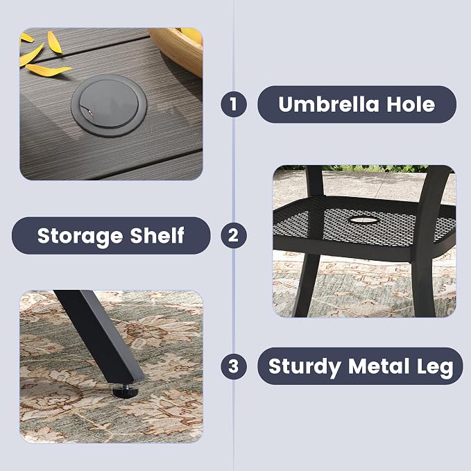 VICLLAX Outdoor Table and Chairs Set for 4, Patio Dining Set of 37.8" Metal Square Patio Table with Umbrella Hole & 4 Swivel Outdoor Dining Chairs for Backyard Lawn, Grey & Antique Grey