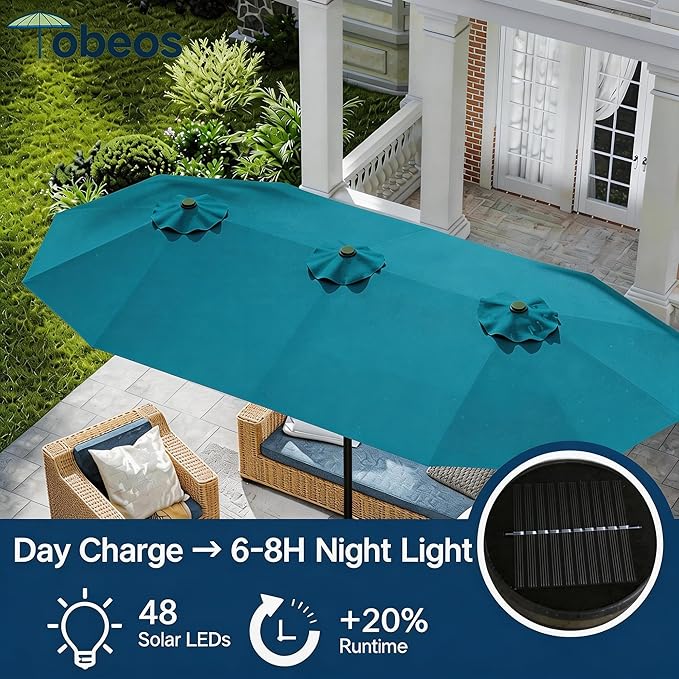 15ft Large Patio Umbrella with Solar Lights and Base, Double-Sided Outdoor Rectangle Umbrella with 48 LED Lights, Market Table Umbrellas with UV Resistant Canopy