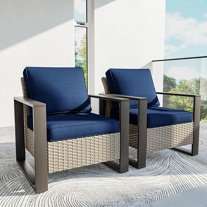 Patio Chairs Set of 2, Outdoor Wicker Chair Metal Patio Furniture with Deep Seating, Thicken Cushions for Deck, Porch, Yard Use (Blue, 2 PCS/Chairs)