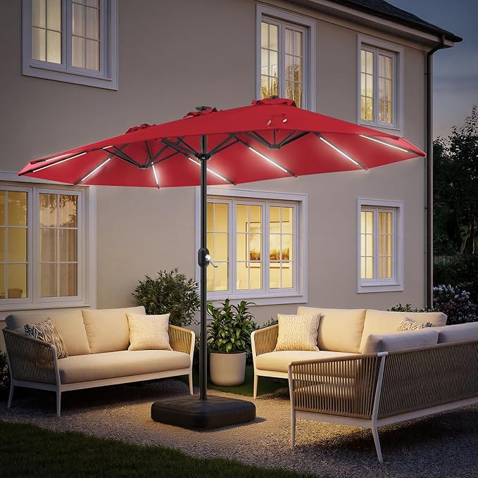HOMSHADE 15FT Double Sided Umbrella with Light Bar and Base, Rectangle Oversized Patio Umbrellas, Extra Large Outdoor Table Umbrella for Pool, Patio, Garden (Burgundy Red)