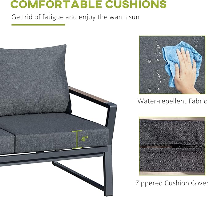 Outsunny 4 Piece Patio Furniture Set, Aluminum Conversation Set, Outdoor Garden Sofa Set with Armchairs, Loveseat, Center Coffee Table and Cushions, Dark Grey