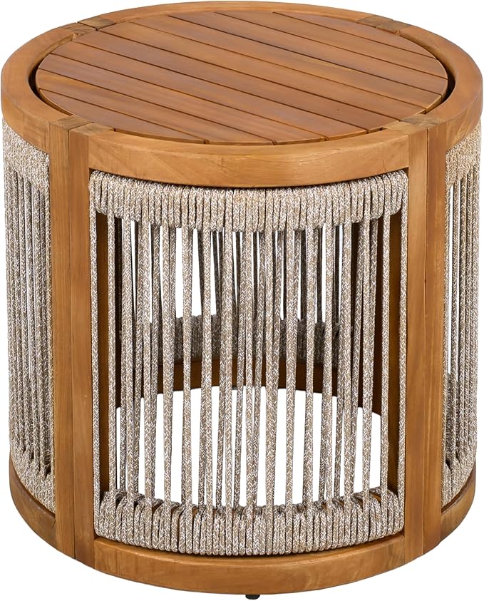 GDFStudio 16.9" Acacia Wood Outdoor Side Table, Patio Accent Table with Handwoven Rope Details, Slatted Design, Boho Minimalist Style, Durable Small Coffee Table for Balcony, Garden, Porch