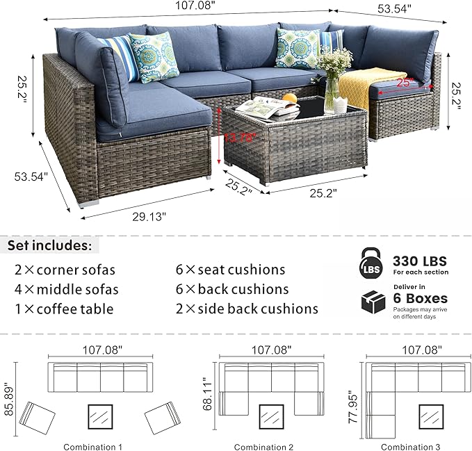 HOOOWOOO Patio Outdoor Sectional Furniture Sofa Set,7 Piece U Shaped Corner Wicker Rattan Couch Set,Rustic 6 Persons Summer Patio Conversation Set for Outside Porch Deck Garden(Denim Blue)