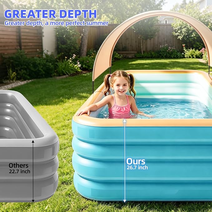 118" Deep Large Inflatable Pool with Removable Pool Canopy & Inflatable Pump, Backyard Family Pool, Outdoor Blow Up Pool for Adults & Kids, Summer Shaded Backyard Pool for Water Party