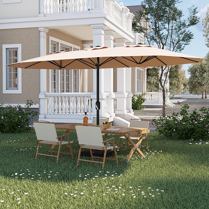 15FT Extra Large Double-Sided Patio Umbrella with Solar LED Lights – Heavy-Duty Rectangular Outdoor Market Umbrella, Fade-Resistant UV Canopy, Included Base for Backyard, Pool, Deck, Garden – Beige/Mist Blue