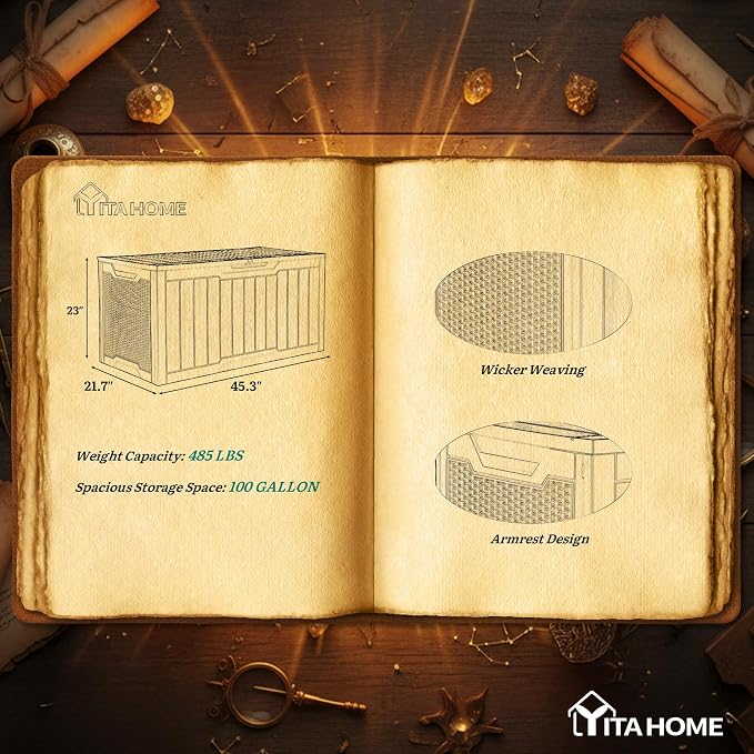 YITAHOME 100 Gallon Outdoor Storage Box, Large Water Resistant Resin Deck Box, Indoor Outdoor Lockable Storage Container for Patio, Garden, Cushions, Tools, Equipment (Black)