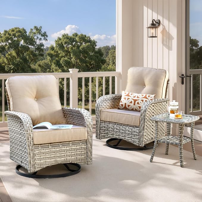 Outdoor Swivel Rocking Chair Set of 2 with Coffee Table, Wicker Patio Glider Chairs with 4 Inch Thick Cushions, 350lbs Capacity High Back Rattan Furniture Set for Sunroom and Small Spaces, Beige