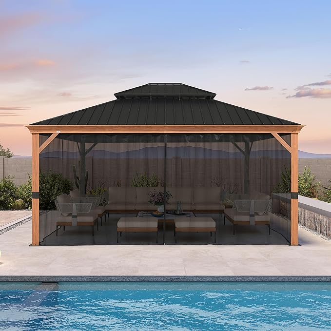 PURPLE LEAF 14' X 16' Outdoor Hardtop Gazebo for Patio Galvanized Steel Double Roof Permanent Canopy Teak Finish Coated Aluminum Frame Pavilion Gazebo with Netting and Lights