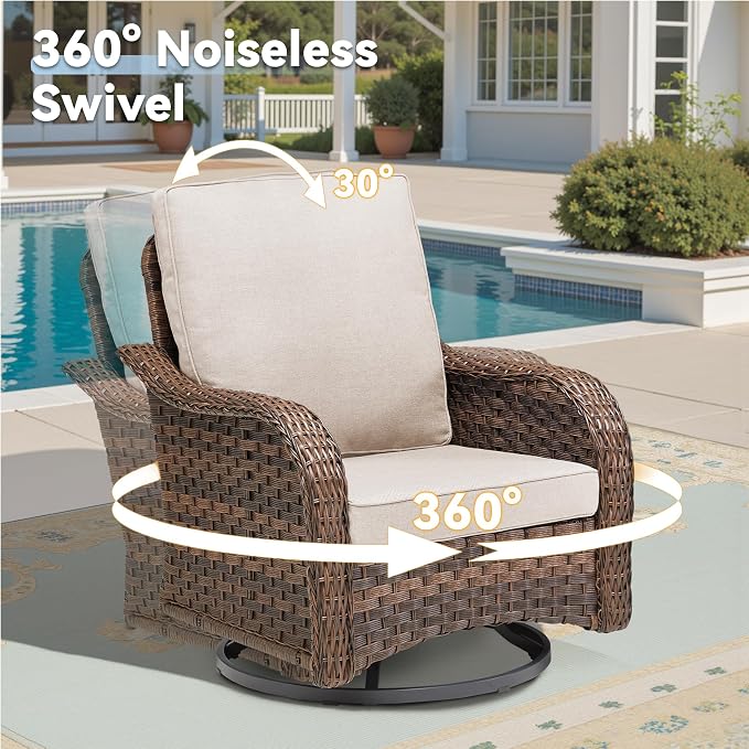 6 PCS Patio Furniture Set, 2 Outdoor Wicker Loveseat Sofas & 2 Swivel Rocking Chairs with 2 Ottomans, 4-Inch Thick Olefin Cushions, 300 lbs Capacity Rattan Conversation Set for Porch, Beige