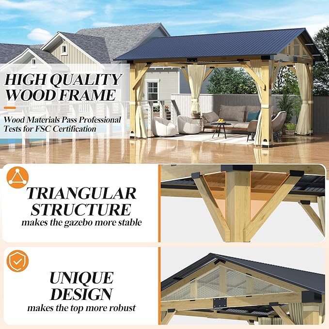 COVERONICS 11’x13’ Outdoor Outdoor Wood Gazebo - Patio Gazebos with Galvanized Steel Roof, Cedar Wooden Gazebo with Privacy Curtains and Netting for Garden, Porch, Patio and Deck