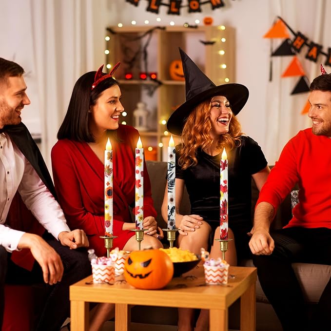 6PCS Thanksgiving Flameless Taper Candles - Fall Maple Leaf Decor, Thanksgiving Decorative Candles with Wax Coating and Autumn Floral Prints Perfect for Table, Party, Banquet