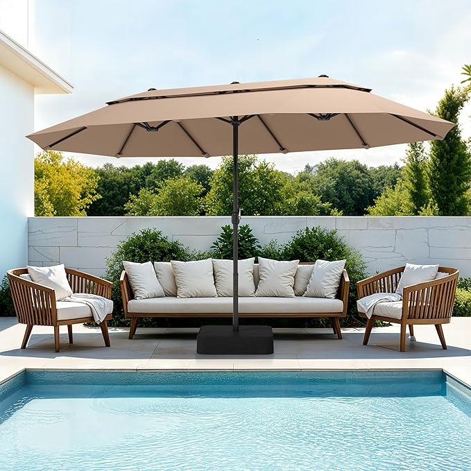 PHI VILLA 15ft Large Patio Umbrellas with Base Included, 2-Tier Outdoor Double-Sided Rectangle Market Umbrella with Stand, Outside Umbrellas for Poolside Lawn Backyard, Beige