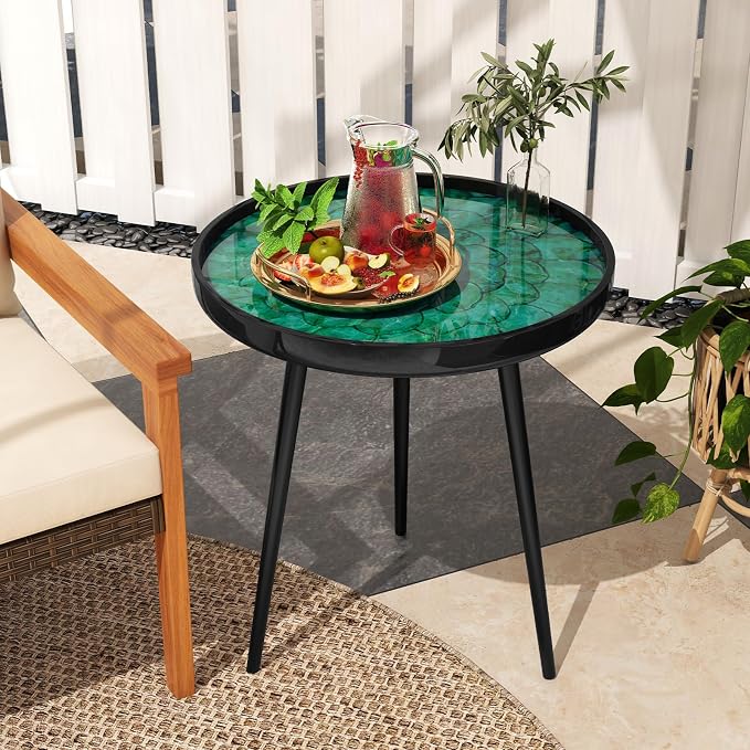 Giantex Outdoor Side Table, Round End Table with Epoxy Resin Finish, Sea Shell Decoration, Mahogany Wood Frame, Tray Top, Patio Side Table for Living Room, Pool, Yard, Porch (Green, 20” x 20” x 21.5”)
