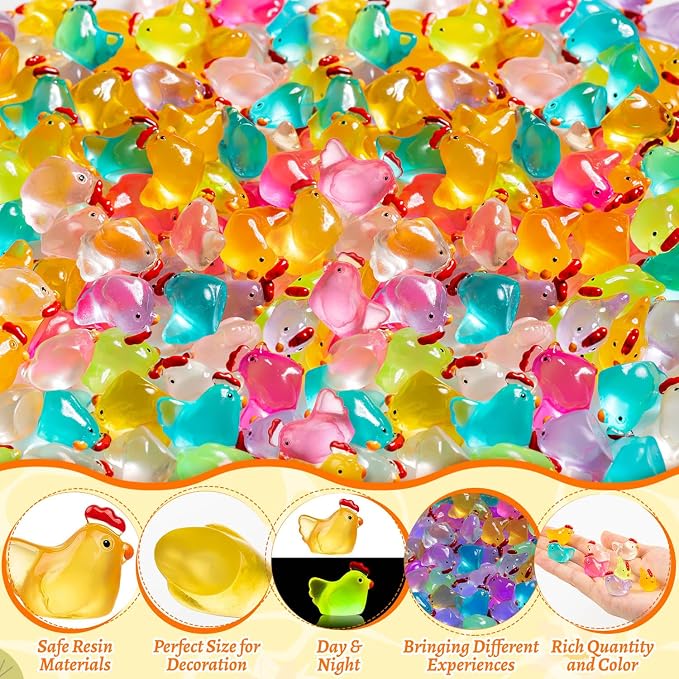 64PCS Luminous Mini Resin Chicken Figurines 8 Colors Tiny Chickens | Miniature Chickens Animals Figurines Glow in The Dark, Micro Landscape DIY, Home Outdoor Party Decor