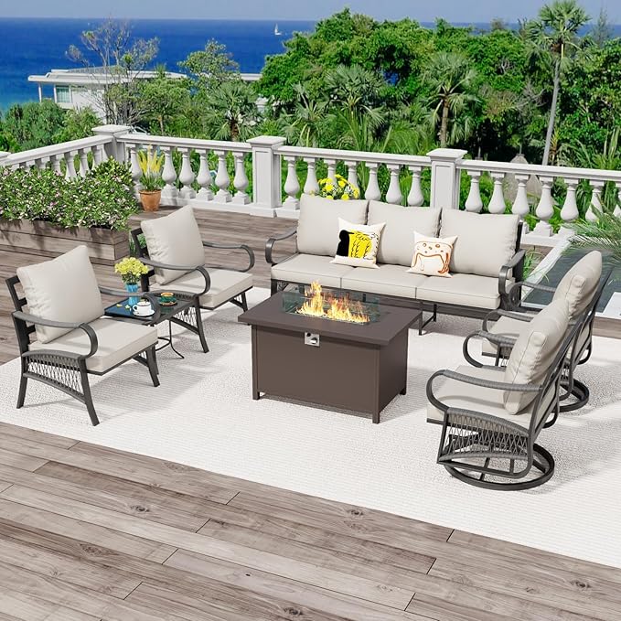 7 Piece Patio Furniture Set, All Weather Metal Outdoor Conversation Set with 50000 BTU Propane Fire Pit Table and 5" Thick Cushions, Sectional Sofa for Garden, Porch, Lawn, Beige