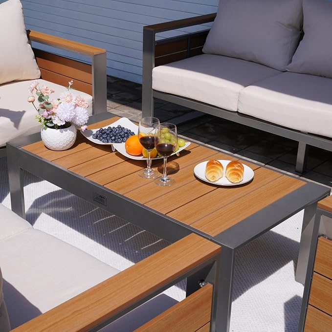 Sundale Outdoor Patio Coffee Table, Rectangular Outdoor Coffee Table with Glitter Shimmer Coated Aluminum Frame and Wood-Like Top, All Weather Deck Table for Patio, Balcony, Deck