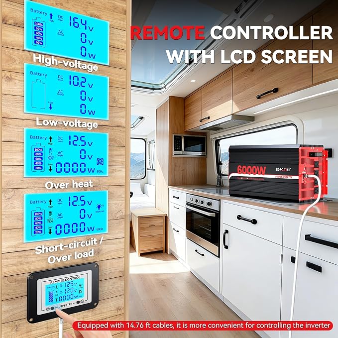 6000W Power Inverter 12V DC to 120V AC, 11000W Peak Off-Grid Solar Converter for 12V Battery Bank, RV, Truck & Home Backup Power System, 4 AC Outlets, USB & Type-C Port, LCD Remote Controller
