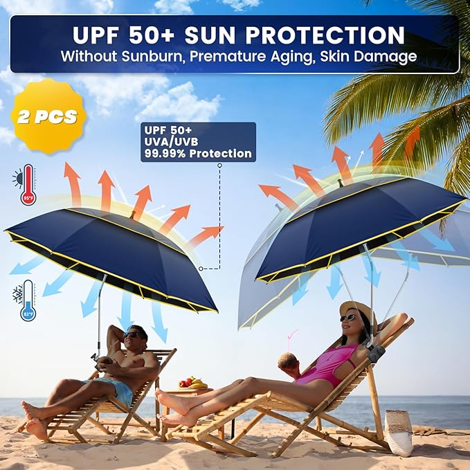 Chair Umbrella with Clamp,2PACK 53 inches Double Canopy Beach Chair Umbrella with Universal Clamp,50+ UV Protection,360° Swivel,Folding Clip on Sun Umbrellas for Table,Camping,Bench Chairs,Golf Cart