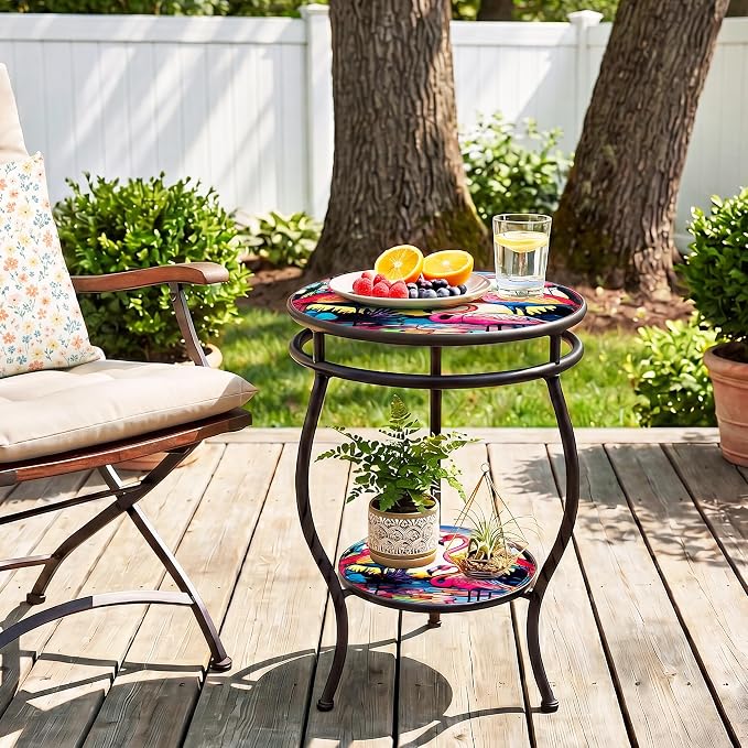 Outdoor Side Table Round with Storage 2-Tier Patio Small Outdoor Table Weather Resistant for Outside Balcony Porch Garden