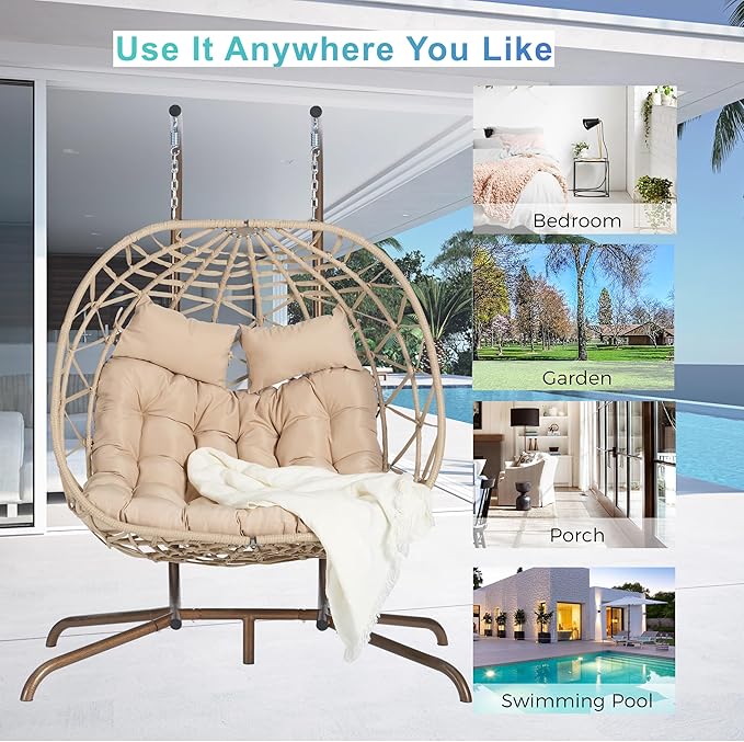 Double Egg Chair with Stand Outdoor Hanging Egg Swing Chair,Wicker Rattan Egg Chair Indoor Loveseat Chair with Cushion 500 lbs Capacity for Bedroom Balcony Patio (Cream+Beige)