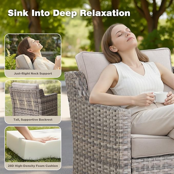 Belord Patio Wicker Swivel Rocker Patio Chairs with 3-Seater Sofa, Outdoor Rattan Chairs for Deck Porch Poolside, 10 Piece Patio Conversation Furniture Set,Beige
