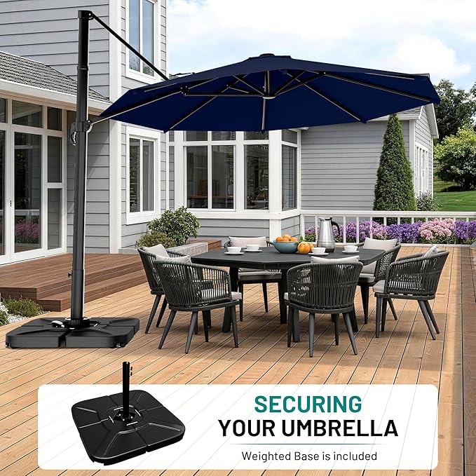 AreShark 11FT Round Cantilever Patio Umbrella with Base Included, 360° Rotation Offset Outdoor Umbrella, 5 Tilt Settings Heavy Duty Hanging Parasol for Deck Garden Pool, Navy