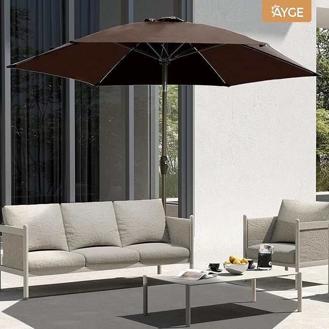 Ayge 7.5FT Large Outdoor Patio Umbrella Market Table Umbrella-UV Resistant, Easy Push Button Tilt and Crank, 6 Sturdy Fiberglass Ribs Heavy-Duty Pool Umbrella for Deck, Backyard,Garden, Yard,Brown