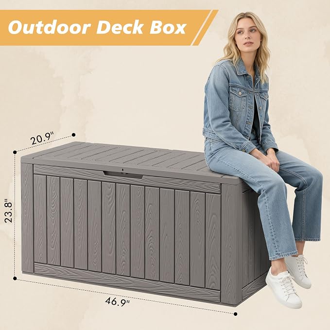 Fancyango 110 Gallon Outdoor Deck Box Waterproof, Large Storage Box for Patio, Resin Storage Bench Lockable for Garden Tools, Package Delivery, Grey