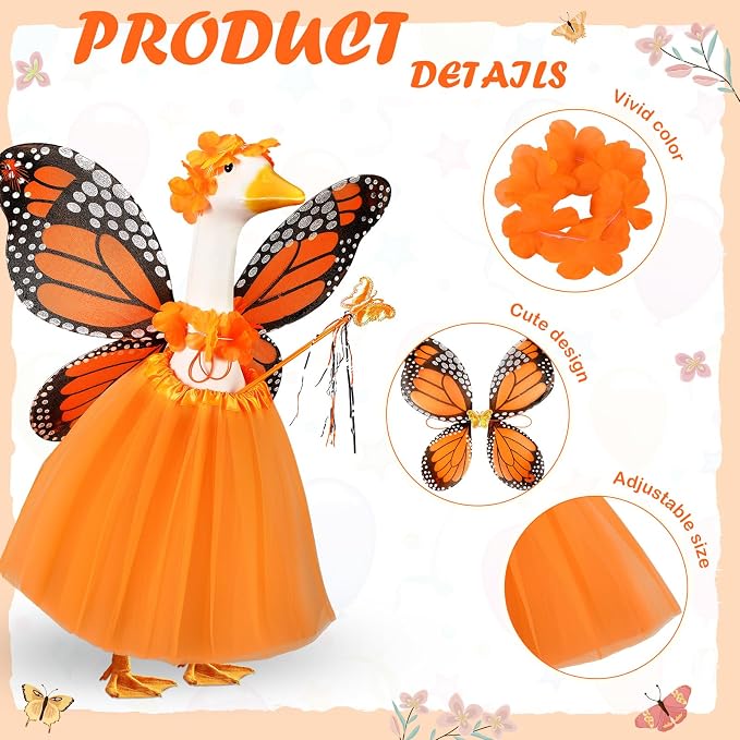 5pcs Butterfly Porch Goose Outfit Costume Tutu Skirt Butterfly Wing Wand Flower Crown for 17‘' 23‘' Cement Goose