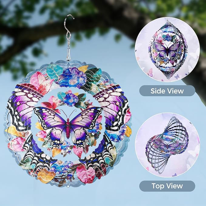 Butterfly Wind Spinners Outdoor, 10 Inch Laser-Cut Stainless Steel Metal Wind Spinners, 3D Kinetic Hanging Sculpture, Metal Yard Art, Garden Decor, Butterfly Gifts for Women, Men, Mom, Grandma