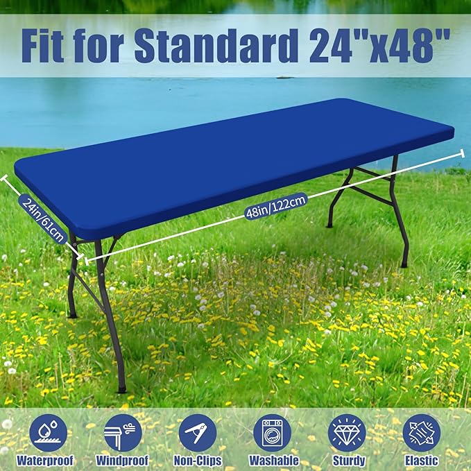 Moosfor Spandex 4 Foot Rectangle Table Cloth 2 Pack, Elastic Fitted Tablecloths for Picnic, Stretch Washable Patio Table Cover for Outdoor, Camping, Banquet and Parties (Blue, 24"x48")