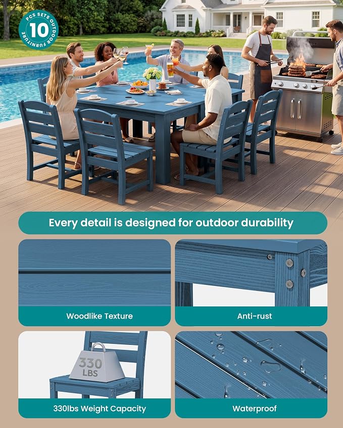 SERWALL 59" Outdoor Dining Set for 8, HDPE Dining Set, Blue | Include 2 Rectangular Tables and 8 armless Chairs, All Weather Dining Sets for Garden, Backyard
