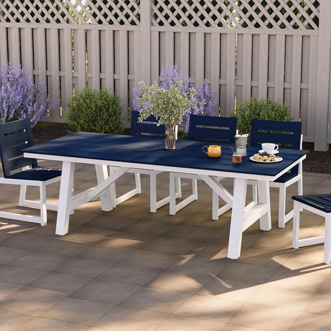 Costaelm Rectangle Patio Table, 8-Person Backyard Table 90" HDPE Dining Table with Umbrella Hole and Metal Frame for Outside, Garden, Poolside, Deck, Porch, Balcony, Navy Blue