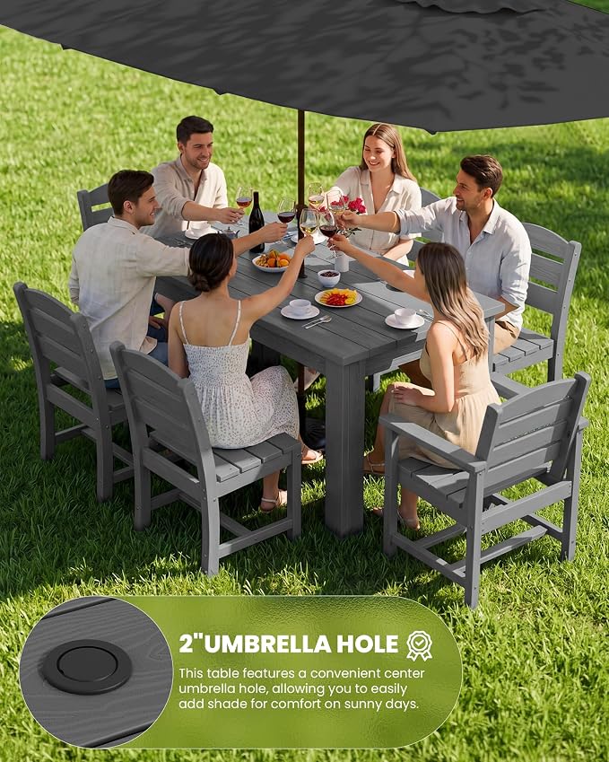 SERWALL 59" Outdoor Dining Set for 8, HDPE Dining Set, Gray | Include 2 Rectangular Tables and 8 armless Chairs, All Weather Dining Sets for Garden, Backyard