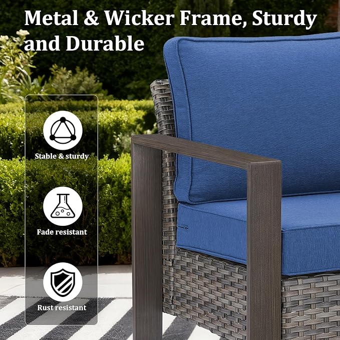 Patio Furniture Set with Fire Pit Table, 8-Piece Outdoor Wicker Sofa and 4 Swivel Chairs, All-Weather Conversation Set for Backyard, Deck and Poolside, Grey/Blue