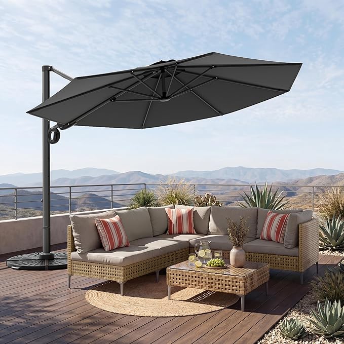 Grand patio 12 FT Patio Umbrella, Outdoor Large Round Cantilever Umbrella with 360° Rotation, Aluminum Offset Umbrella for Patio Garden Deck Pool, Dark Gray