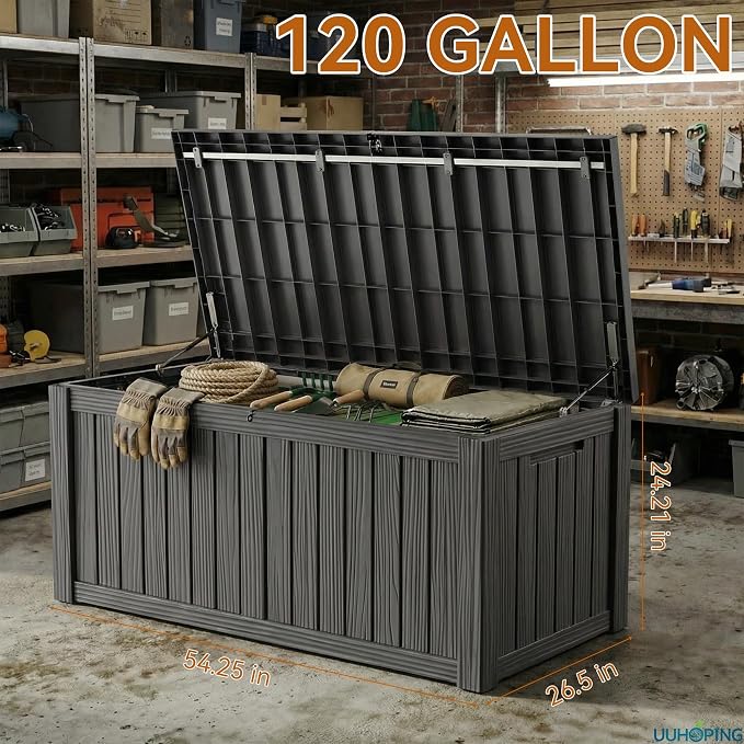150 Gallon Outdoor Deck Box, Resin Waterproof Storage Box With Lockable Lid, UV-Resistant Multi-Purpose Outdoor Storage Bench for Patio Cushions, Garden Tools, Pool Accessories (Black)