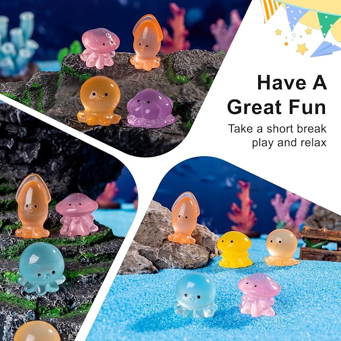 60 PCS 6 Styles Glow in Dark Mini Resin Octopus Figurines, Assorted Luminous Ocean Creature Miniature Dollhouse Accessories, Bulk Tiny Marine Ornaments for Fairy Garden DIY Aquarium Decor