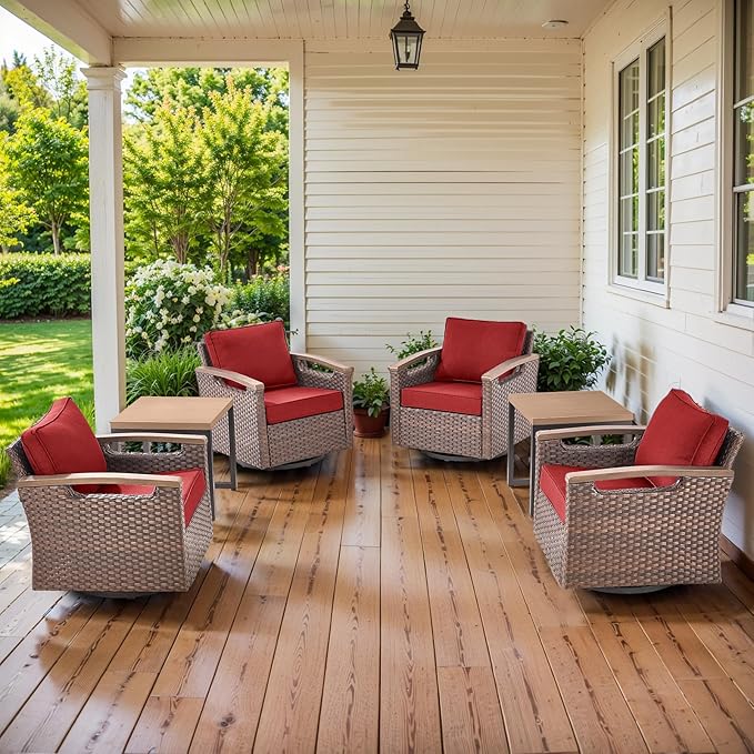 Luxury 4 Outdoor Swivel Rocker Patio Chairs with 2 Metal Side Table - Heavy Duty 6 Piece Patio Furniture Set All Weather Wicker Glider Set with Thick Cushion for Porch Poolside Deck - Red