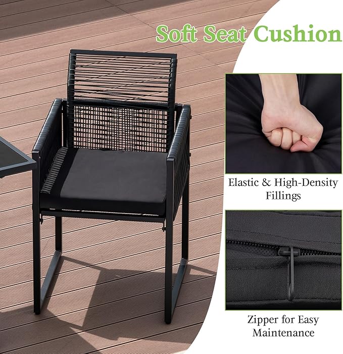 Tangkula 3 Pieces Outdoor Dining Set, PE Rattan Patio Furniture Set with Folding Backrest, Cozy Seat Cushions, Tempered Glass Tabletop, Space-Saving Bistro Table and Chairs Set of 2 for Backyard Pool