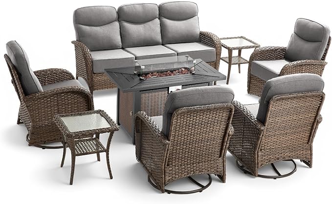 8 Pieces Luxury Patio Furniture Set with 42.5" Fire Pit Table, 6-Inch Thick Cushions Wicker Outdoor Furniture with Outdoor Rocking Chairs Set of 4, Outdoor Patio Conversation Set for Garden, Gray